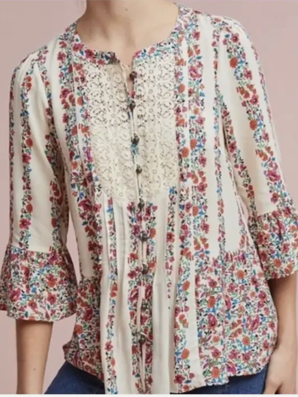 Anthropologie Cream Floral Crochet-Paneled Peasant Top